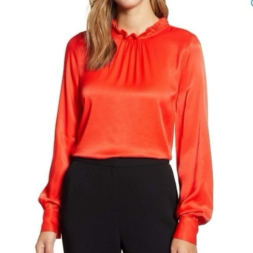 RP Rachel Parcell Red Ruffle Neck Satin Blouse Long Bishop Sleeves